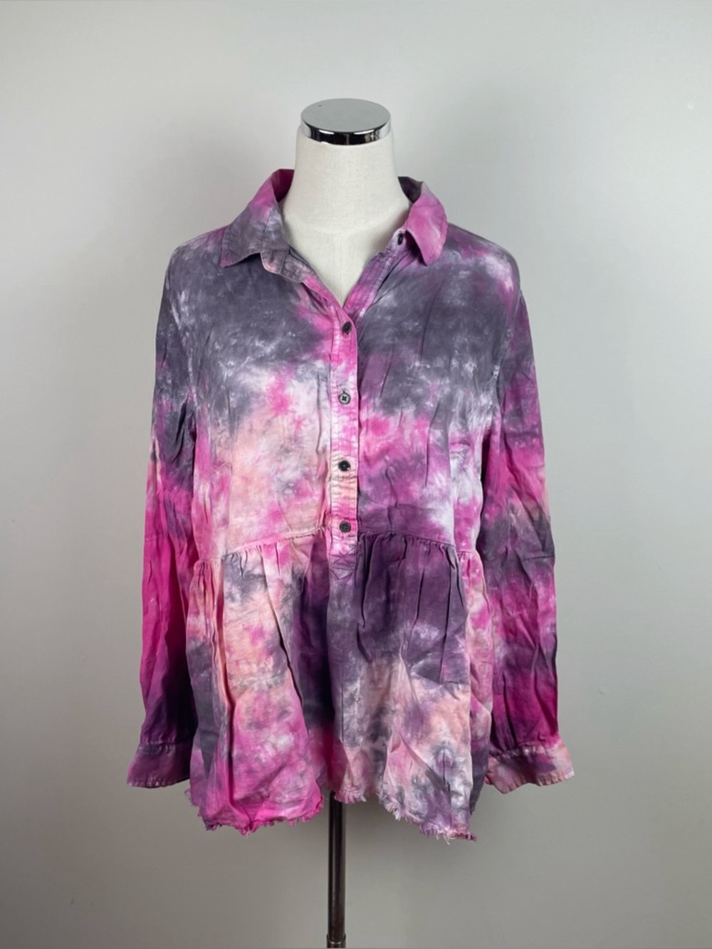 True Craft Pink Purple Tie Dye Boho Fringe Collared Long Sleeve Top Women 1X
